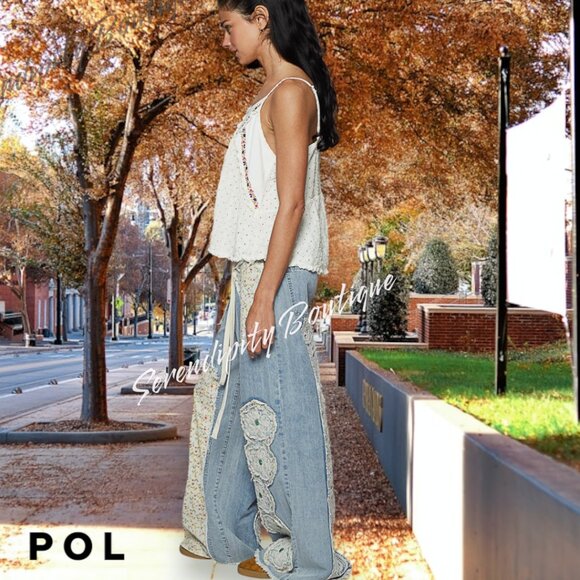 POL Super Baggy Floral Lace Patchwork Faded Oversized Wide Leg Baggy Denim Jeans - Picture 7 of 9